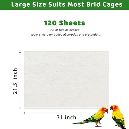 120 Pcs Bird Cage Liner Papers Big Size Cage Paper Liners Disposable Cage Paper Liners Precut Absorbent Cushion Pad Mat Accessories for Pet Bird Parrot