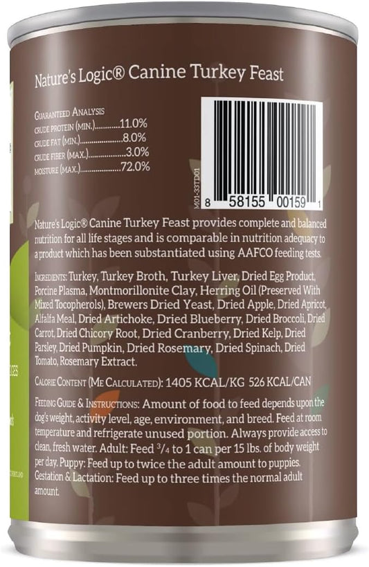 Nature's Logic Grain-Free Canned Dog Food - 95% Animal Proteins - 100% Natural Wet Dog Food Cans - No Common Allergens - All Life Stages - Ideal for Sensitive Dogs - Turkey (13.2 oz, 12 pack)