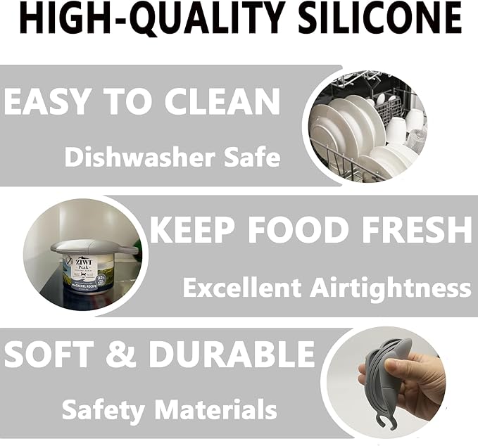 3 Pcs Cat Food Can Covers & One Can Opener | Cute Paw Shape Lids and Opener Spatula Cat Wet Food Spoon | Universal BPA Free Silicone Spoon & Covers for Dog Cat Cans(Grey)