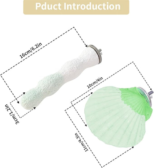 Bird Perches for Cage, Abrasive Surface High Calcium Mineral Parrot Perch Stand - Bird Nail File for Claw & Beak Health, Colorful Ceramic Bird Cage Accessories (Green, Shell)