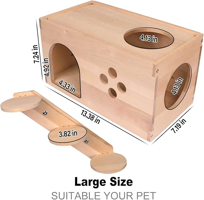 YKD Chinchilla Wooden House with Ladder - Small Animal Hideout for Squirrel or Sugar Gliders - Ventilated Wooden Chinchilla Hut Hideout with Multiple Doors