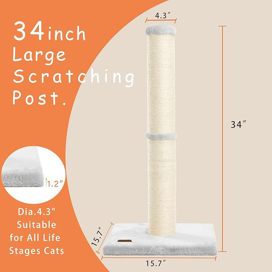 34inch Cat Scratching Post with Natural Sisal Rope 4.3Inch Large Diameter Scratcher Post Tree for Indoor Cats Grey