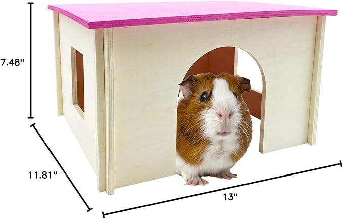 Fhiny Guinea Pig Wood House with Windows and Roof, Detachable Chinchilla Hut Hideout Hideaway Natural Hamster Habitat Decor for Hamsters Hedgehogs Squirrels or Other Small Animals (Random Color)
