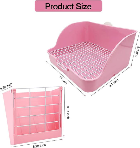 Rabbit Litter Box Bunny Potty Box Guinea Pig Hay Rack Feeder Rabbits Corner Litter Pan Potty Trainer Pet Toilet with Cleaning Set for Hamster, Guinea Pig, Ferret and Other Animals (Pink)