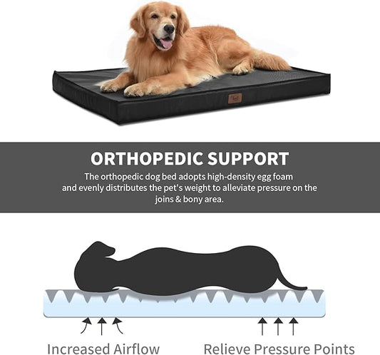 Outdoor Extra Large Dog Bed for Big Dogs, Waterproof Dog Bed for Large Dogs, Egg Crate Foam XL Pet Bed with Removable Washable Oxford Cooling Cover, Black