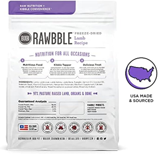 BIXBI Rawbble Freeze Dried Dog Food, Lamb Recipe, 26 oz - 97% Meat and Organs, No Fillers - Pantry-Friendly Raw Dog Food for Meal, Treat or Food Topper - USA Made in Small Batches