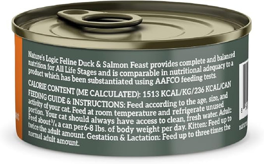 Nature's Logic Wet Can Cat Food - Feline Feast 95% Animal Ingredients - No Synthetic Vitamins, Minerals or Artificial Additives, 100% Natural, Grain-Free, Made in USA, Duck & Salmon (5.5 oz, 24 pack)