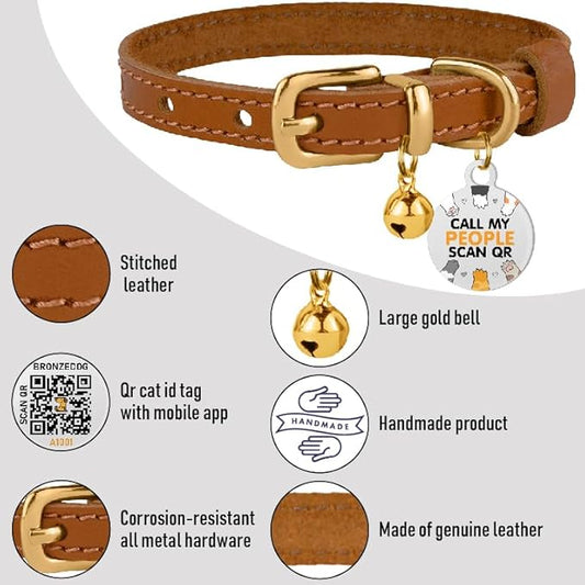 BRONZEDOG Leather Cat Collar with Removable Bells Non Breakaway Kitten QR Tag for Girl Boy (9" - 12" Cats/Mini Dogs, Light Brown & Gold)