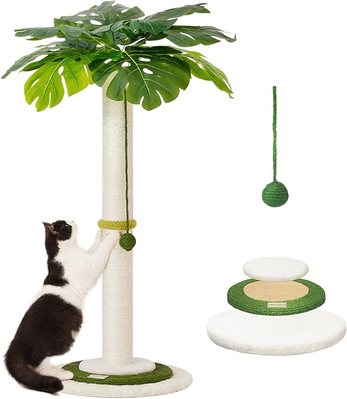 Meowoou Cat Scratching Post for Space-Saving,35β Tall Modern Monstera 3 Layer Cat Tree Tower with Sisal Rope Hanging Interactive Ball for Indoor Cats and Kitten Climbing,Play & Rest