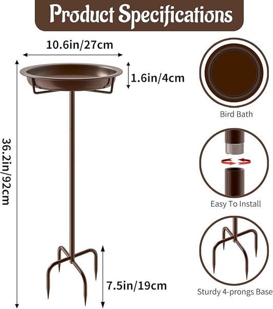 Metal Bird Bath for Outside, 36.2" Height Birdbath Bowl Standing Bird Feeders for Outdoors with 4 Prongs Base Stake, Freestanding Birdfeeders for Garden Yard Lawn Decor (Brown)