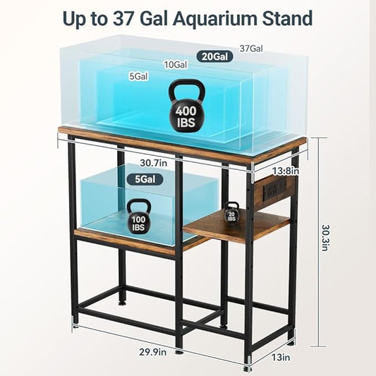 20-29-37 Gallon Fish Tank Stand with Power Outlet, Metal Aquarium Stand with Height-Adjustable Stoarge Shelves, 6-Leg Reptile Tank Stand, 400lbs Capacity