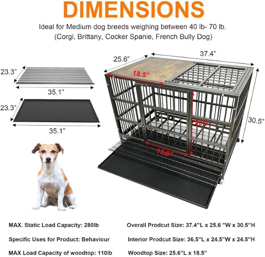 38" Furniture Dog Crate for Large Dogs, Heavy Duty Dog Kennel Indoor with Removable Crate Trays, Wheels and Stylish Wooden Top, Extra Large XL XXL Dog Cage