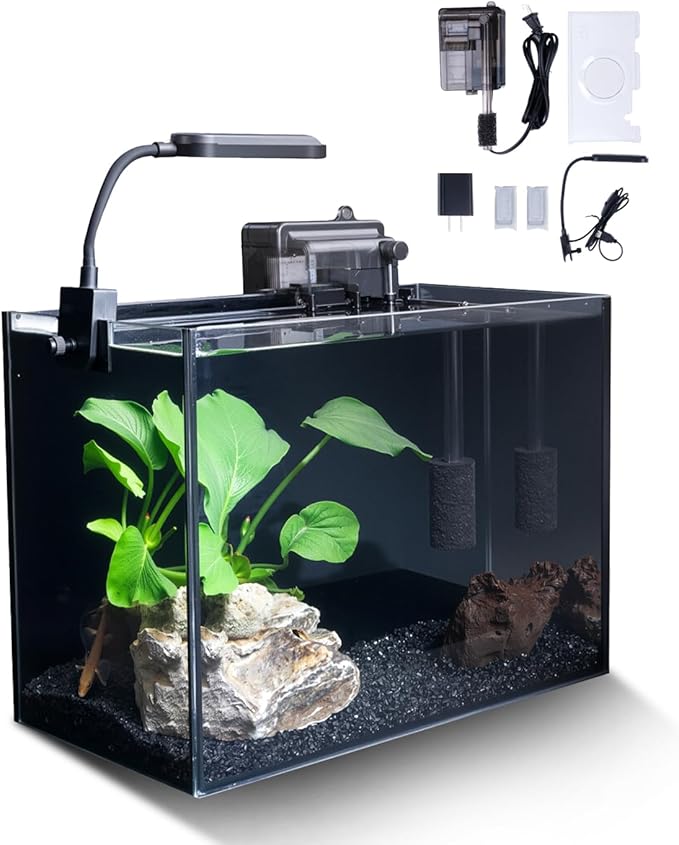 2.5 Gallon Glass Small Fish Tank Kit, Betta Fish Tank Aquarium Starter Kit with Filter, Lights, Lid, for Betta, Goldfish, Small Fish or Shrimp