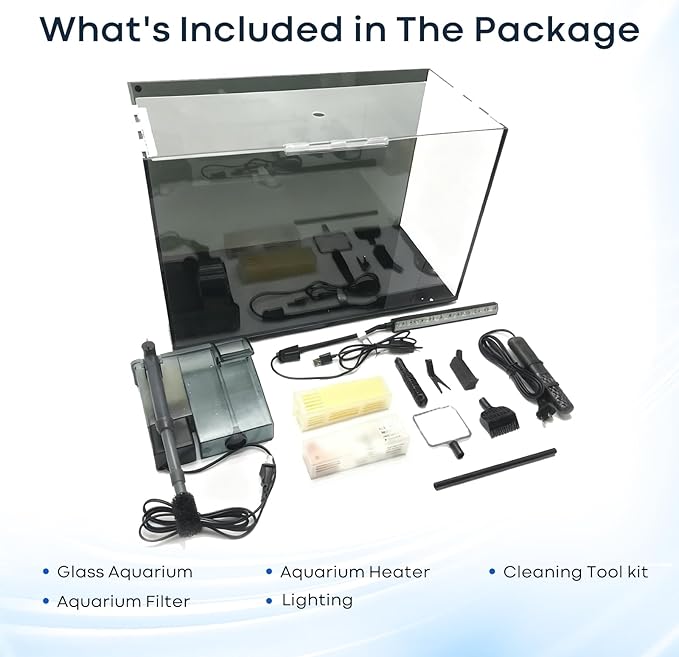 10 Gallon Aquarium Set Glass Fish Tank, with Heater Self Cleaning System Filter with Media Bright Light Cleaning Tool, Leak-Proof Clear Rimless Betta Tropical Freshwater Fish