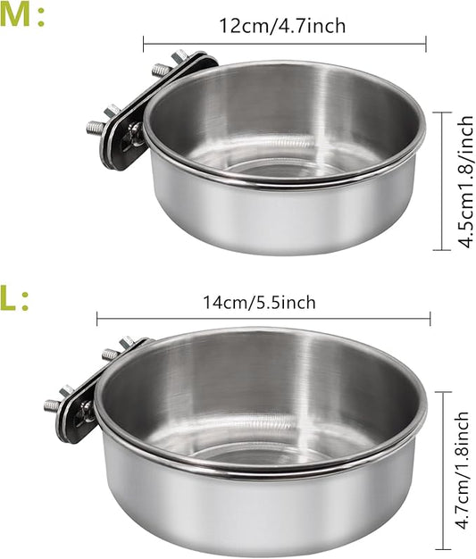 Medium+Large Bird Feeding Dish Cups,Parrot Food Bowl Cage with Clamp Holder Stainless Steel,Birdcage Coop Water Feeder for Cockatiel Parakeet Macaw Finches Lovebirds Small Animals (1 Pack, M+L)
