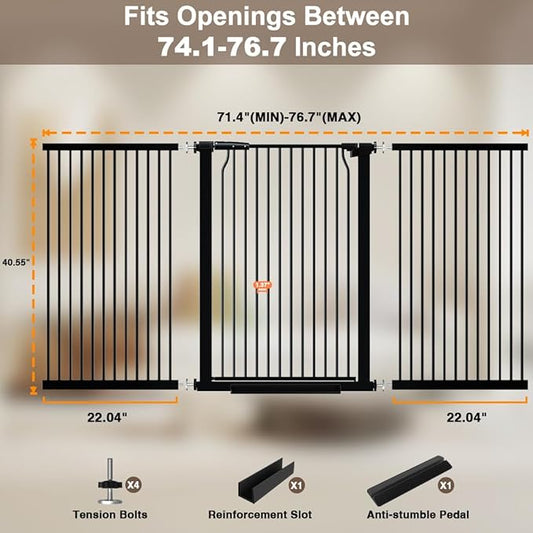 40.55" Walk Through Extra Tall Wide Baby Gates, 74.1"-76.7" Black Pressure Mounted Dog Gates