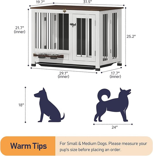 Dog Crate Furniture - 31.5" Wooden Dog Cage with Removable Tray & 360° Rotating Feeder | Decorative Dog Kennel Indoor | Multi-Functional End Table for Medium & Small Dogs | Portable Pet Crate