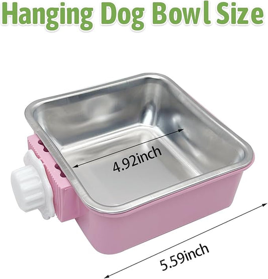 kathson Crate Dog Bowl, Removable Stainless Steel Hanging Pet Kennel Cage Bowl Food & Water Feeder Coop Cup for Puppy, Cat, Rabbit,Guinea Pigs 2pcs Large Square(Blue,Pink)