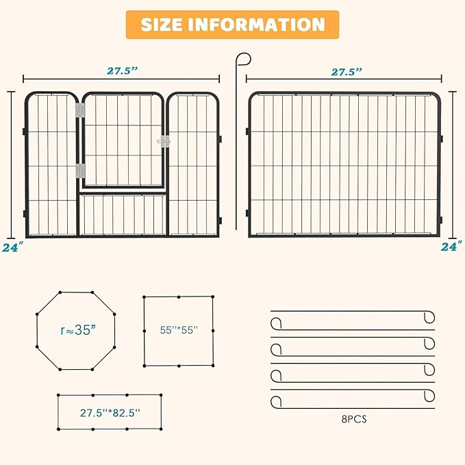 OFIKA Heavy Duty Metal Dog Playpen for Medium/Small Animals, 8 Panels 24âHeight x 27" Width, Dog Fence Exercise Pen with Doors, Pet Puppy Outdoor Playpen Pen for Outdoor, Indoor, RV, Camping, Yard