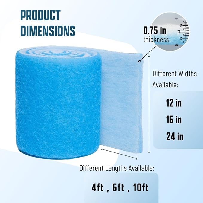 Premium Aquarium Filter Media Pad - Cut-to-Fit Roll, Fresh and Saltwater Safe, Blue & Dye-Free Options, Made in USA (Blue Bonded, 6ft 24" by 0.75 Inches)