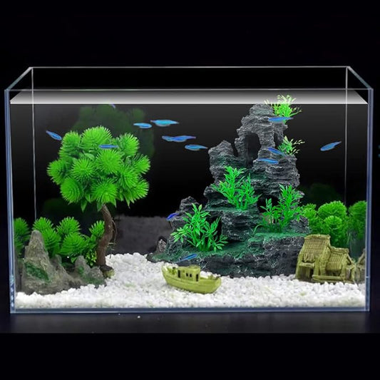 Aquarium Decoration Large and Tall for Fish Tank Rock Thematic Ornaments Aquarium Mountain View Stone Ornaments Aquarium Decor Tree House Cave Fish Tank Decorations - Large