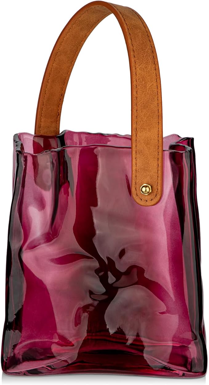 Glass Purse Vase for Flowers Brownish Purple Vases for Centerpieces Glass Bag Vase with Leather Handle Small Bag Vases for Decor Decorative Fish Bowl for Home Wedding Decor