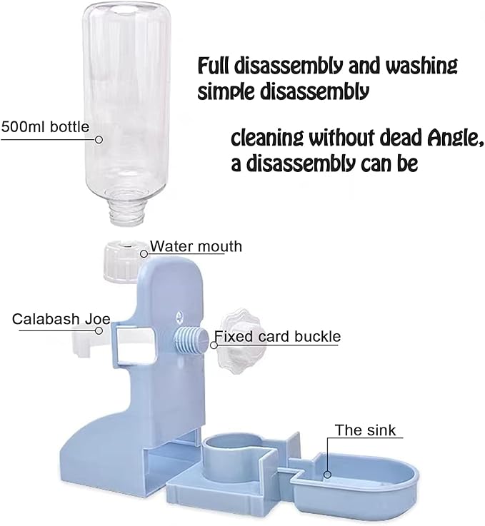 HERCOCCI PET Feeder and Water Bottle Set, Large Blue (500ml), Durable Hay Food Bin Feeder, Food Bowl, Gravity-Fed Water Dispenser for Rabbit, Guinea Pig, Chinchilla