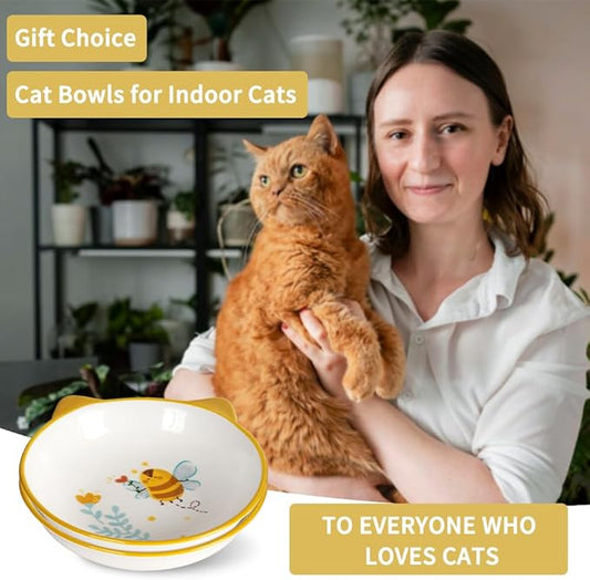 HAPPY KIT 2pcs Wide Shallow Cat Bowls,8.5oz Colorful Plate Set with Non-Slip Mat,5.7 inch Indoor Ceramic Cats Dish/Dishes Relief of Whisker Fatigue - Microwave and Dishwasher Safe