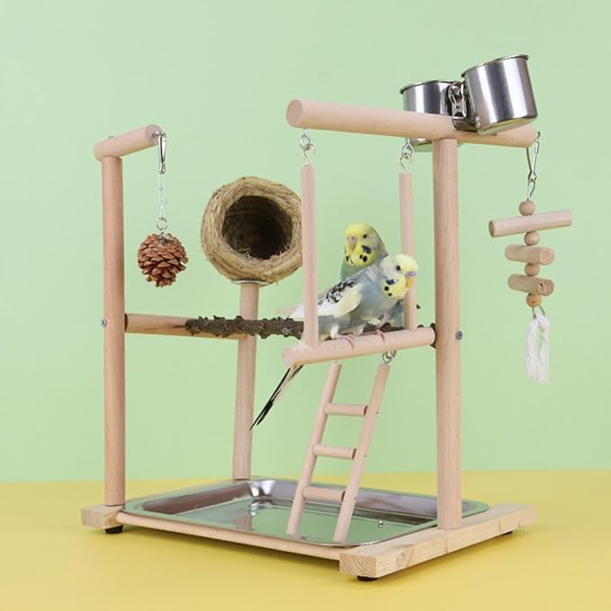 Parrot Playground Playstands, Bird Playgrounds with Feeder Cups Breeding Grass Nest Bird Cage Stand Bird Perch Stands, Parakeet Playground Wood Bird Play Stand for Cockatiel Parakeet