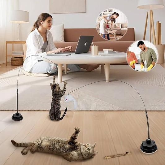 Suction Cup Cat Toys for Indoor Cats,3 in 1 Suction Cup Cat Toy,Interactive Simulation Cat Toy Set Self Play or Handheld,Feathers & Bells,Realistic Toy Mouse and Silvervine Sticks (Blue)