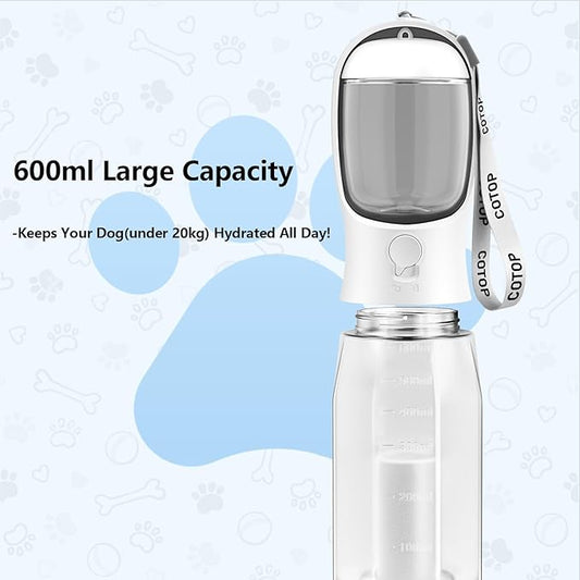20oz Dog Water Bottle with Food Container & Poop Bag Dispenser | Leak-Proof Portable Pet Water Dispenser with Carabiner Clip | for Walking, Hiking, Travel (White, 20oz)