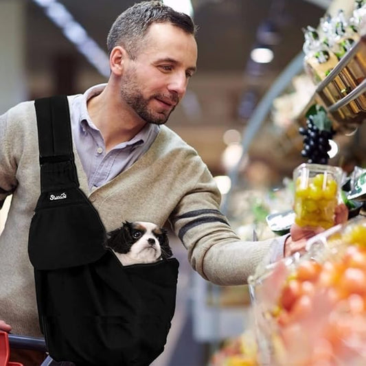 Lukovee Pet Sling, Hand Free Dog Sling Carrier Adjustable Padded Strap Tote Bag Breathable Cotton Shoulder Bag Front Pocket Safety Belt Carrying Small Dog Cat Puppy Machine Washable (Black, M)