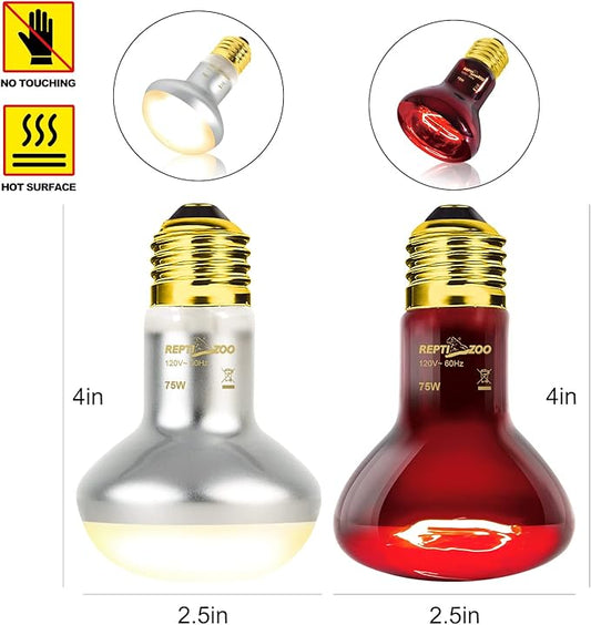 REPTI ZOO 75W Reptile Heat Lamp Bulb, 2PCS Day & Night Basking Spot Light Combo Pack Includes Infrared Heat Lamp and UVA Daylight Heating Lamp Basking Light