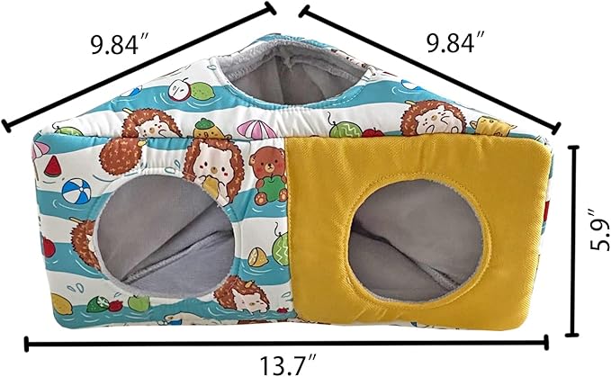 Hedgehog Fleece Corner Hideout Cave Collapsible Pet Play Toy Tunnel Tube Warm House Hidey Hut for Sugar Glider Ferret Hamster Small Animal Beds (Blue/Yellow)