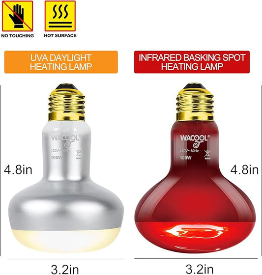 WACOOL 2Pack 100W Reptile Heat Lamp Day & Night Kit, Nature Simulated Basking Daylight & Nightlight Heat Lamp Bulbs for Reptiles & Amphibians, UVA Heat Lamp for Bearded Dragon Gecko Turtle Lizard