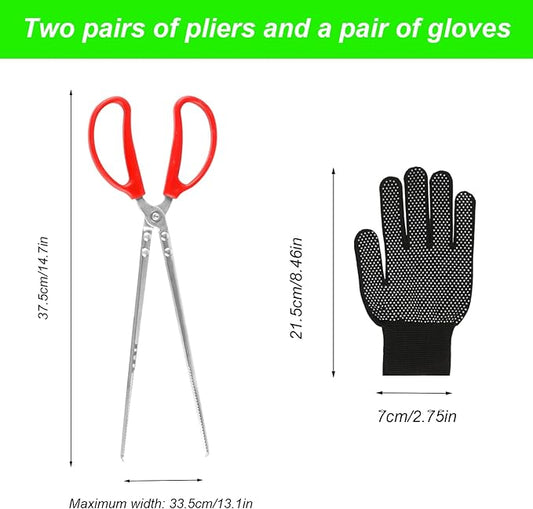 15 Inch Snake Feeding Tongs, 2 PCS Stainless Steel Reptile Tongs, Extra Long Large Tweezers for Bearded Dragon Ball Python Tank Accessories Terrarium Supplies With Gloves