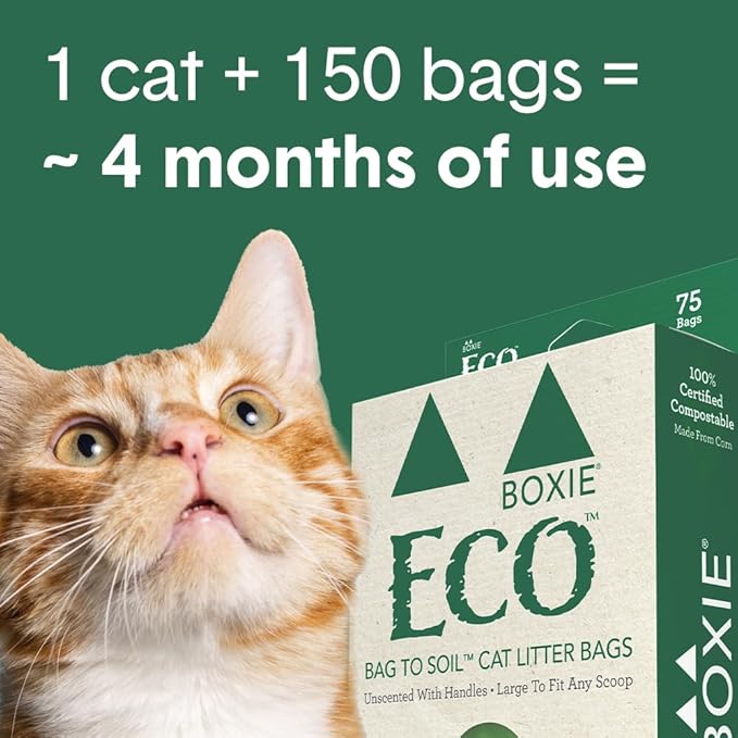 Boxie Eco 100% Compostable Scoop & Tie Pet Waste Bags, 150 Count, Leak-Proof, Easy-to-Tie Handles, Durable Corn Starch, Multi-Pet Friendly, Eco-Friendly for Cat Litter & Dog Waste (Pack of 2)