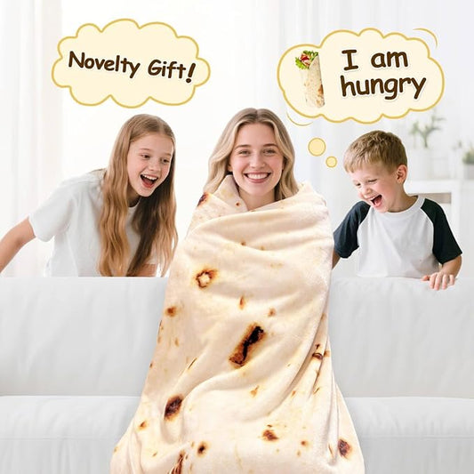 Mermaker Burrito Tortilla Taco Blanket 80 inches for Adult Kids, Realistic Tortilla Throw Blanket Funny Gifts for Women Men Teen Boy Girl, Soft Flannel Food Blanket for Christmas Birthday Gifts-Yellow