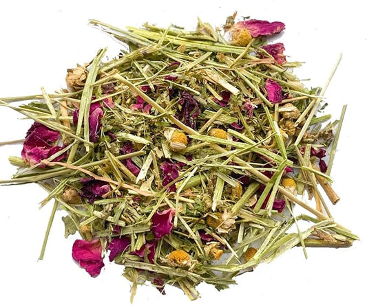 Herbal Calming Forage: Premium Rabbit Food, Hay for Guinea Pigs Food, Chinchilla Food, Hamster Treat Made with Timothy Hay & Organic Herbs (10 Ounces)