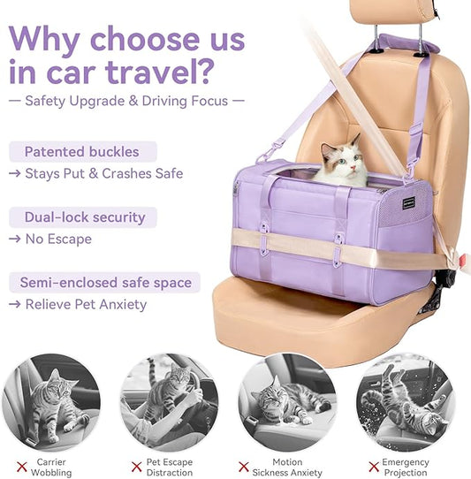 PETSFIT Soft-Sided Cat Carriers & Car Seats with Patent Safe Buckles, Clip-On Harness,19"x12"x12" Pet Travel Carrier - 20 lbs Capacity (Purple)