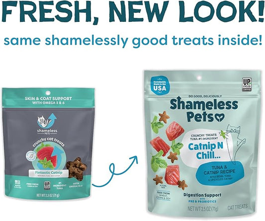 Shameless Pets Crunchy Cat Treats - Catnip Treats for Cats with Digestive Support, Kitten Treats with Real Ingredients, Natural & Healthy Flavored Feline Snacks - Catnip N Chill Tuna, 12 oz
