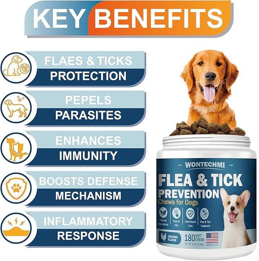 Flea and Tick Prevention for Dogs Chewables, 180 Chews Natural Flea and Tick Chews Supplement for Dogs, Oral Dog Flea and Tick Treatment for All Breeds and Ages (180 Chews, Chicken)
