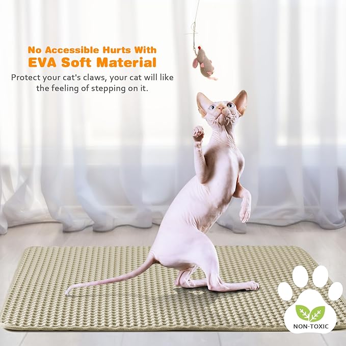 Waterproof Cat Litter Mat, Double Layer EVA, Odor-Free Large Grid, Urine Proof, Easy Cleanup (Khaki, 18 x 24)