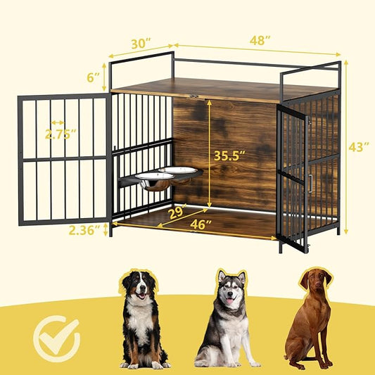 ROOMTEC Dog Crate Furniture-Style Cages for Large Dogs Indoor Heavy Duty Super Sturdy Dog Kennels with 2 Stainless Steel Bowls (48Inch = Int.dims: 46" W x 29" D x 35.5" H)
