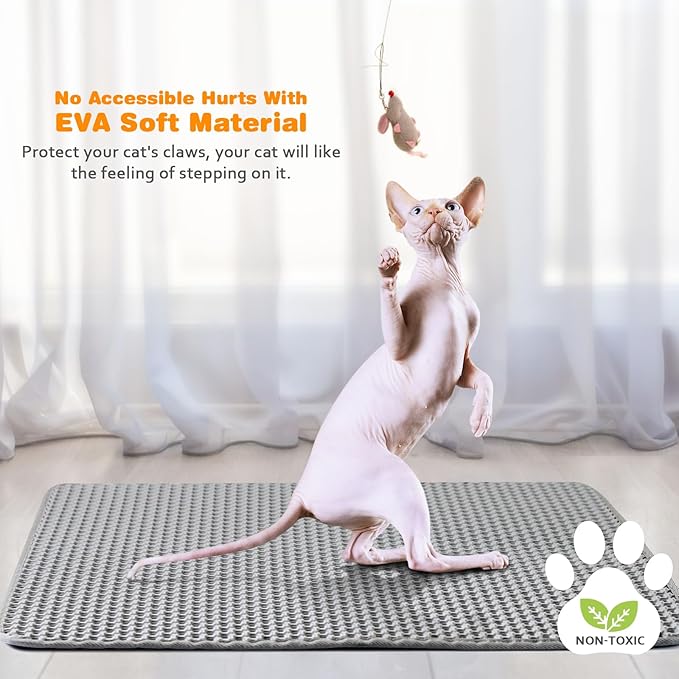 Waterproof Cat Litter Mat, Double Layer EVA, Odor-Free Large Grid, Urine Proof, Easy Cleanup (Gray, 24 x 35)