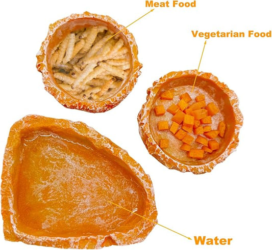 Reptile Water Dish and Food Bowls, 3 Pack Reptile Feeding Terrarium Bowl for Bearded Dragon Lizard Frog Gecko Tortoise Hermit Crab Snail (Orange)