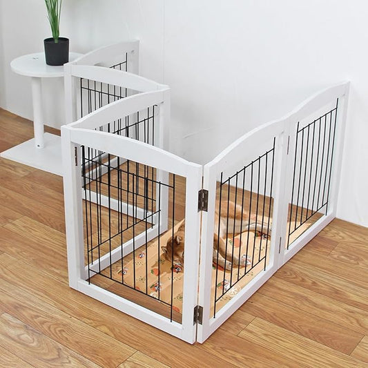 ZJSF Freestanding Foldable Dog Gate for House Extra Wide Wooden White Indoor Puppy Gate Stairs Dog Gates Doorways Tall Pet Gate 4 Panels Fence