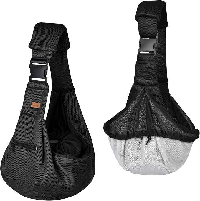 CUBY Dog and Cat Sling Carrier - Hands Free Reversible Pet Papoose Bag - Soft Pouch and Tote Design - Suitable for Puppy, Small Dogs Cats Outdoor (Black-Mesh, Adjust Strap 2.0)