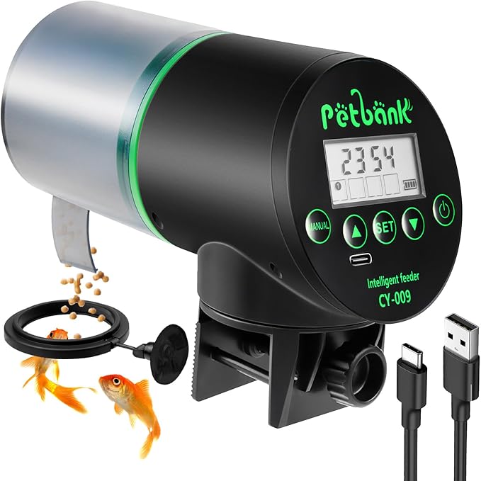 Automatic Fish Feeder for Aquarium - Rechargeable Fish Food Auto Dispenser Vacation Turtle Feeder with USB Charger Cable,LCD Screen, Customized Schedule,Black
