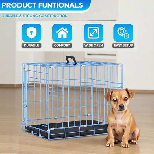 FDW Dog Crate for Small Dogs 18 Inch Folding Metal Wire Pet Cage Single Door W/Divider Panel Indoor Outdoor Kennel Leak-Proof Plastic Tray,Blue